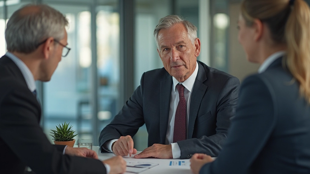 Портрет опытного финансового консультанта, проводящего консультацию с клиентом в профессиональном офисе